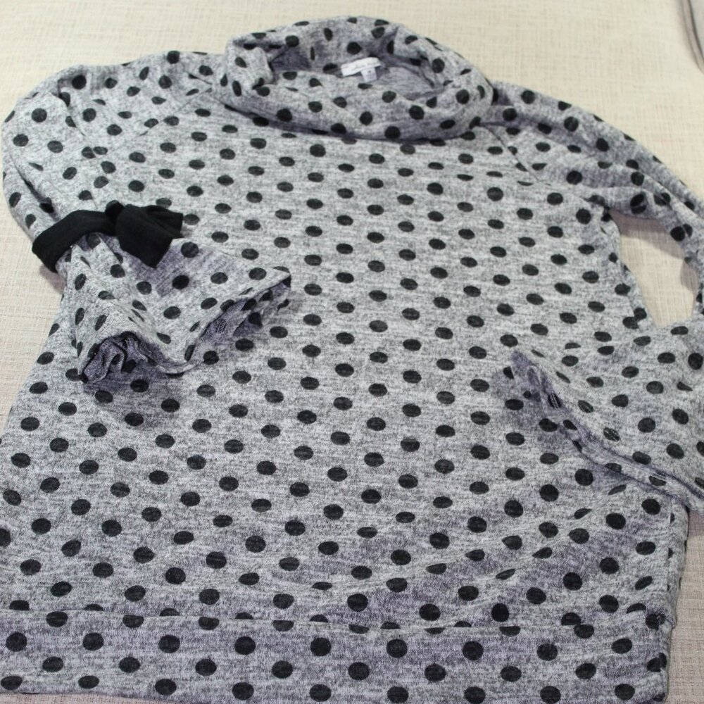 White Birch Size M Grey with Black Polka Dots French Terry Cowl Neck Top